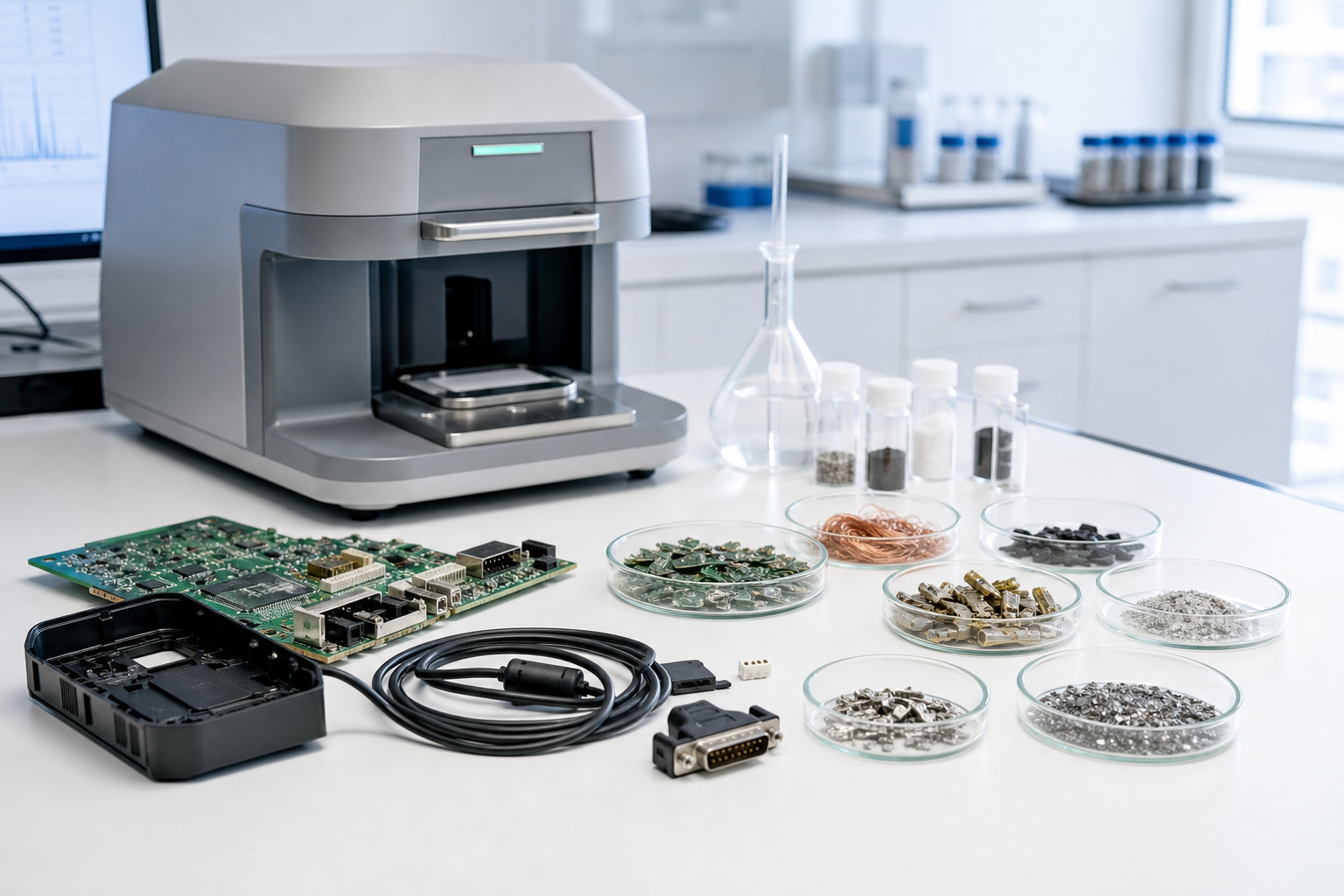 正衡检测 RoHS 有害物质测试示意图，电子产品拆分为均质材料并进行 XRF 筛查与化学确证