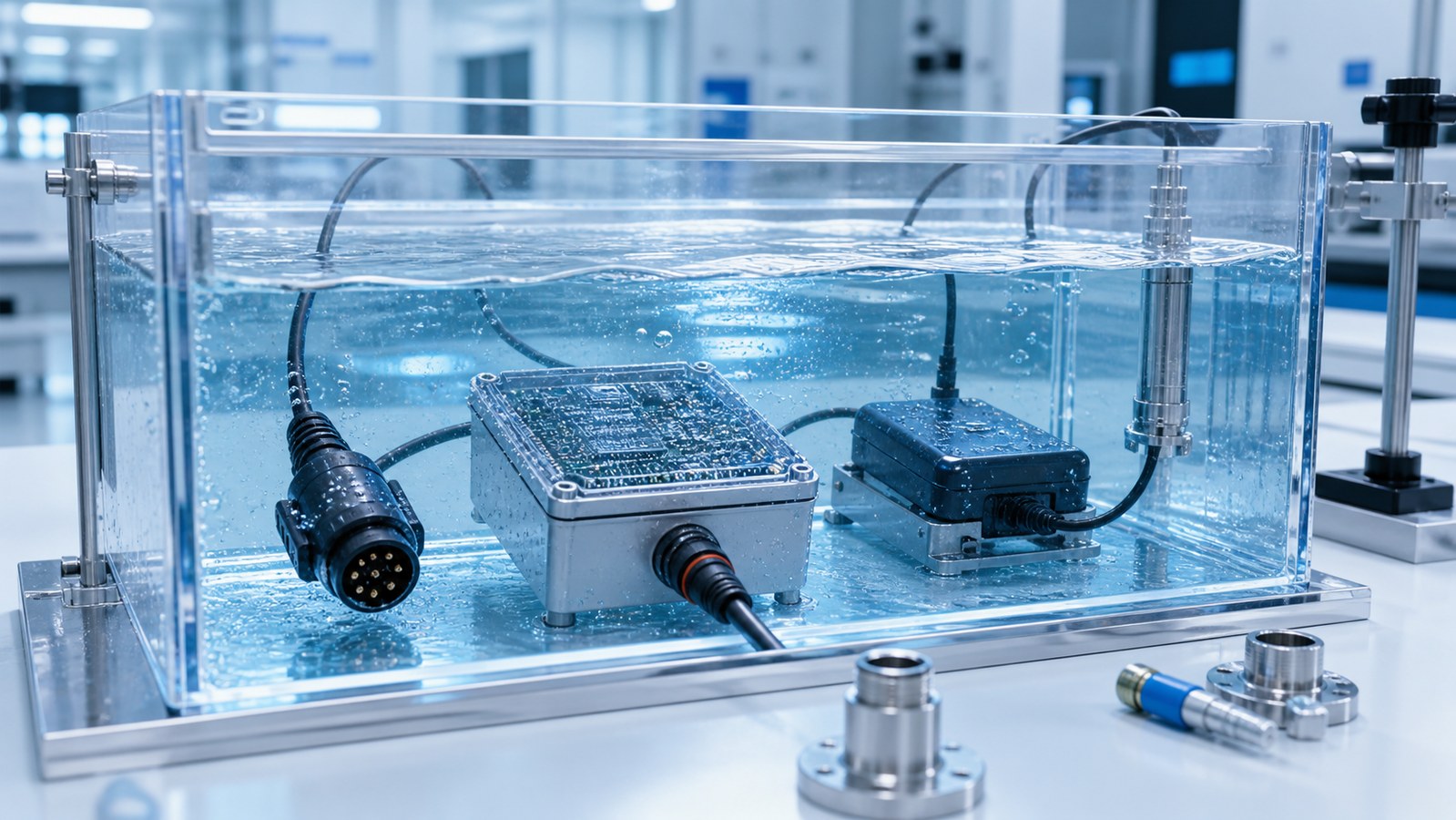 正衡检测 IP67 IP68 防水浸水测试概念图，电子外壳和连接器样品在水箱中测试
